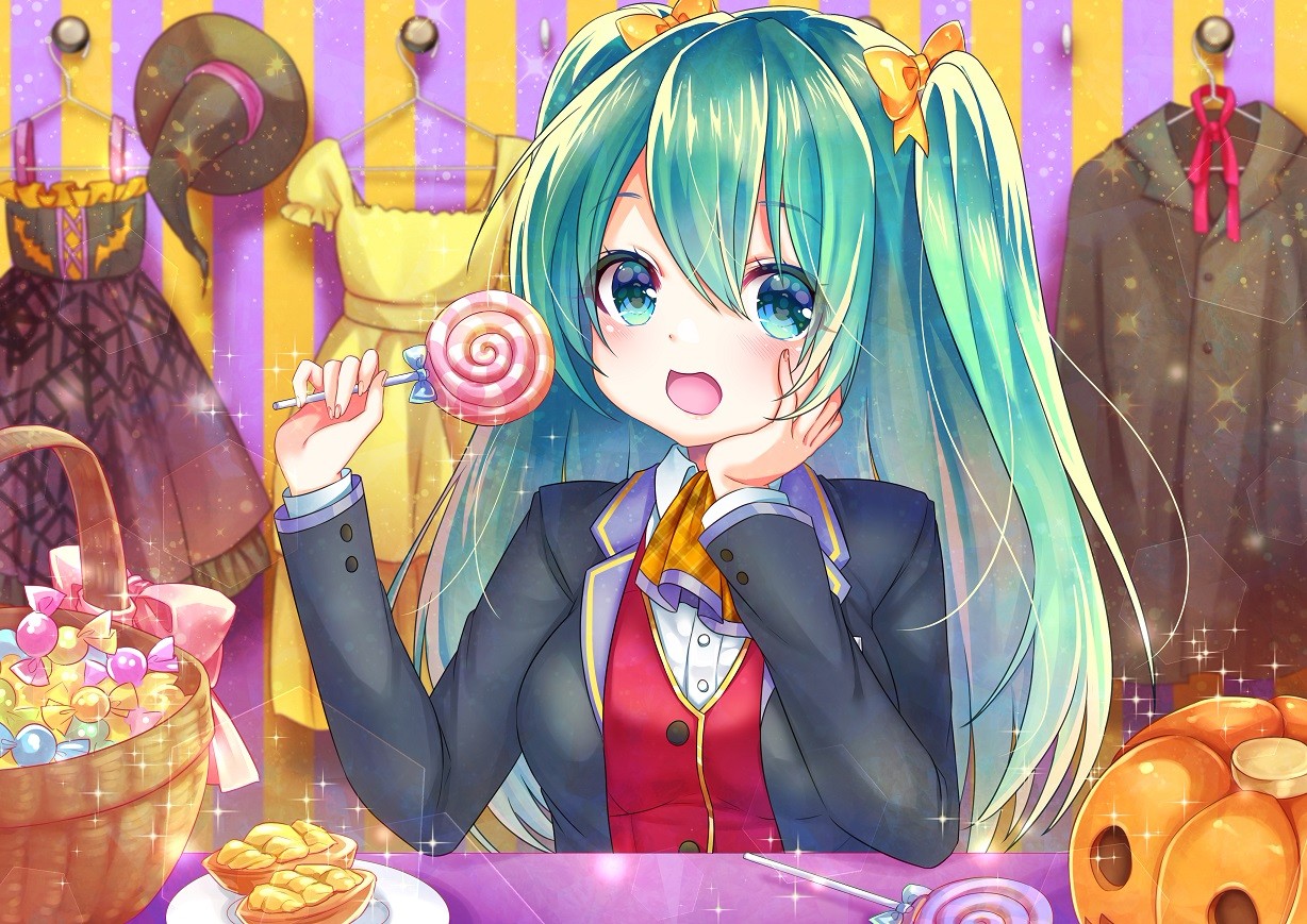 Konachan.com - 258725 aqua_eyes aqua_hair asakishoten blush bow candy dress halloween hat jpeg_artifacts lollipop long_hair pumpkin twintails witch_hat.jpg